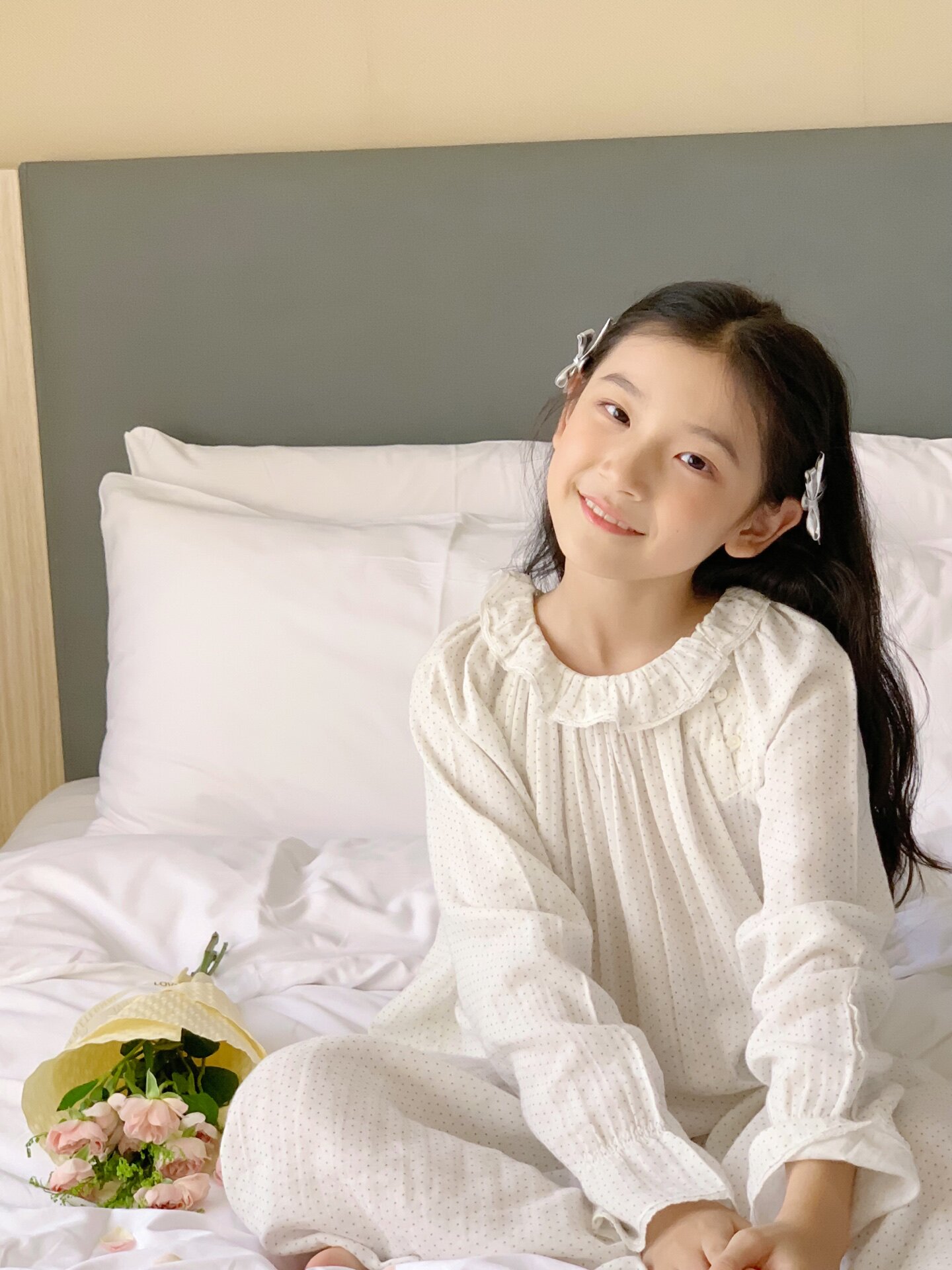 秋冬新款女童女孩北欧慵懒棉质点点花边领白色公主长款家居服睡裙