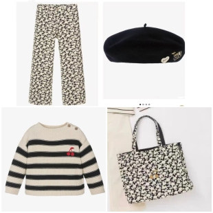 2025AW秋冬女童法式 烫金手拧包 全棉黑白条纹樱桃绣花毛衣碎花长裤