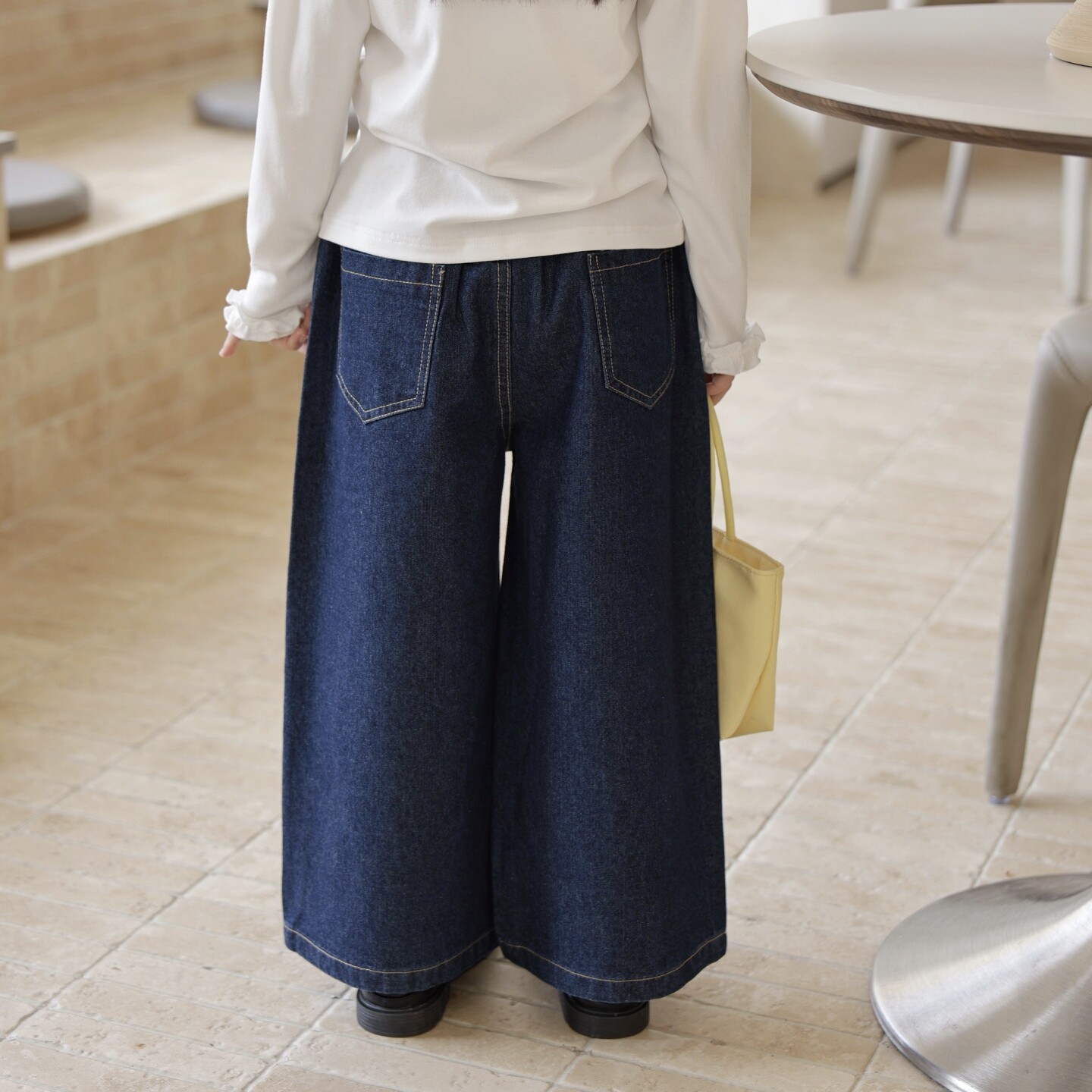 春季新品女童日系有机棉假两件复古深蓝色屁帘直筒宽松阔腿牛仔裤