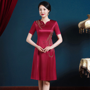 喜婆婆結婚禮服小個子洋氣遮肚子新娘媽媽婚宴裝 醋酸緞連衣裙 夏季