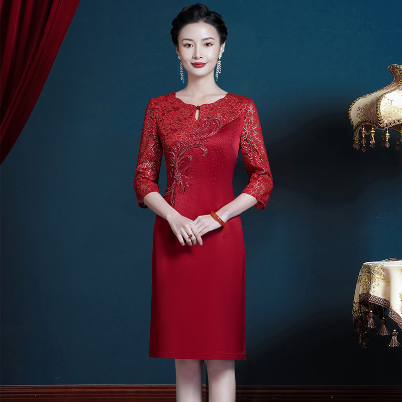 醋酸缎小个子女方妈妈婚宴连衣裙