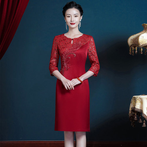 醋酸缎小个子女方妈妈婚宴连衣裙