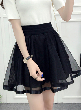 百褶A字网纱短裙女黑色蓬蓬裙夏季春秋欧根纱裤裙蕾丝半身裙伞裙