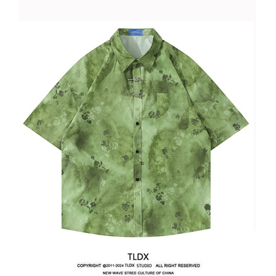 国风新中式盘扣绿色花衬衫