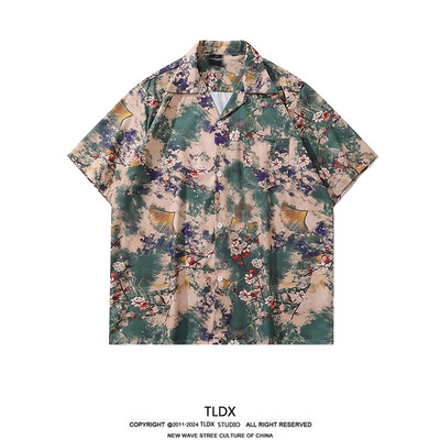 中国风复古花卉古巴领衬衫