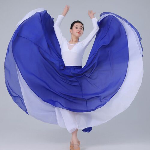 儿童720度大摆裙两面穿半身裙民族舞蹈裙古典舞裙雪纺双层开叉裙