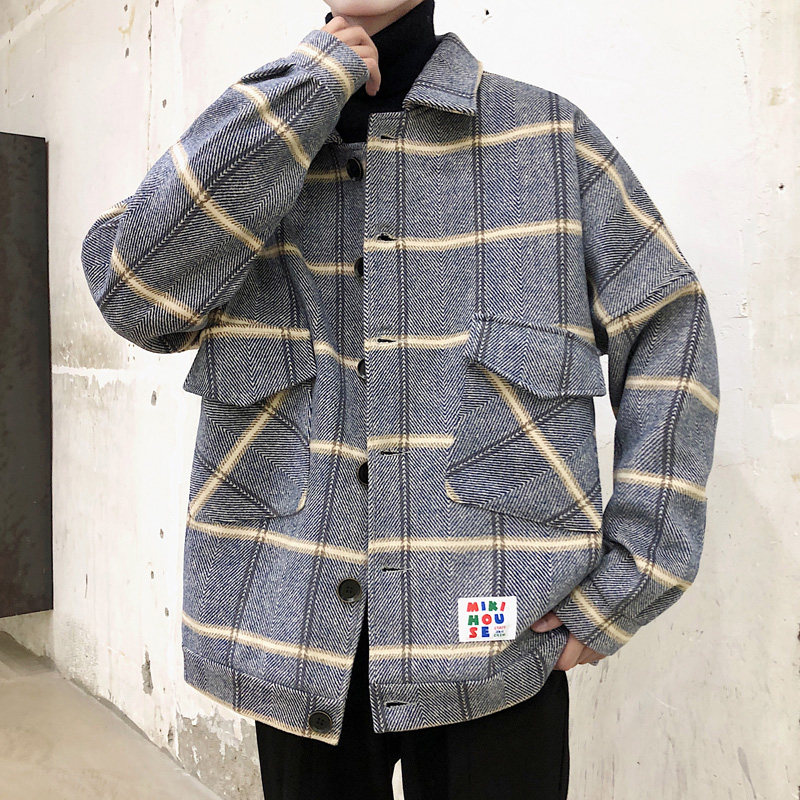 格子加厚呢料夹克秋冬季大码宽松日系呢大衣男棉衣外套J916P90,男装夹克,电商A157
