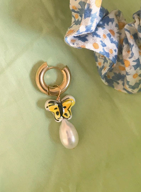 AIDO自制手绘蝴蝶珍珠吊坠耳环耳圈ins欧美耳饰