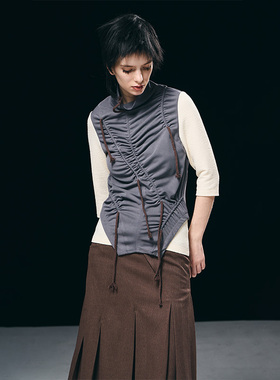 BORON ATOMS 23SS不规则穿绳褶皱假两件中袖T恤上衣