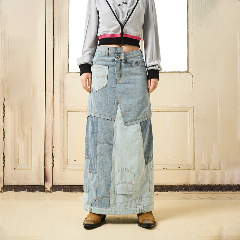 不规则重组拼接牛仔开衩长裙