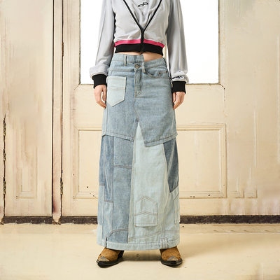 不规则重组拼接牛仔开衩长裙