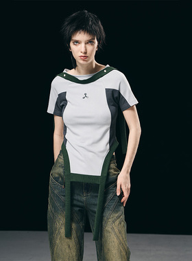 BORON ATOMS 23SS 可拆卸飘带原创设计感拼色短袖T恤修身亲肤上衣