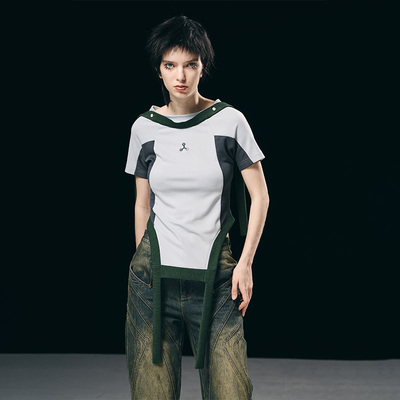 可拆卸飘带拼色短袖女