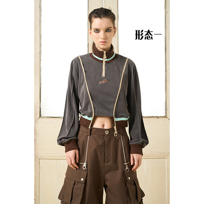 双拉链复古拼色刺绣套头宽松长袖