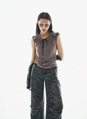 BORON ATOMS(BA) 24SS 手工擦色皮扣修身可调节抽绳双色无袖背心