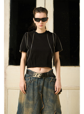 BORON ATOMS 23SS拉链环绕时尚拼接撞色收腰圆领短袖T恤