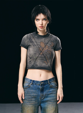 BORON ATOMS 23SS重工洗水做旧印花立体线短款T恤纯棉修身上衣