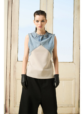 BORON ATOMS 23SS 原创洗水牛仔拼接背心无袖修身上衣