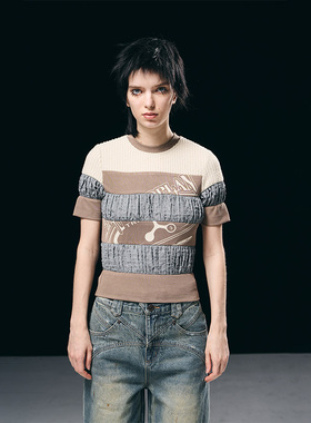 BORON ATOMS 23SS 多拼色断层印花图案短袖T恤修身时尚上衣