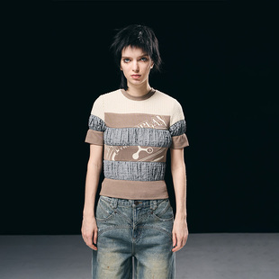 BORON ATOMS 23SS 多拼色断层印花图案短袖T恤修身时尚上衣