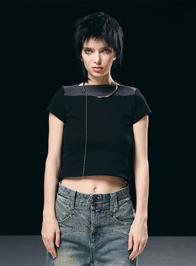 BORON ATOMS 23SS肌理直领原创设计拼接短袖T恤纯色百搭修身上衣