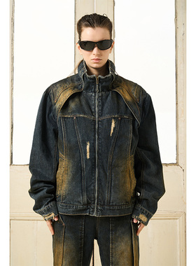 BORON ATOMS 23SS飞扁撞钉设计做旧洗水牛仔立领外套