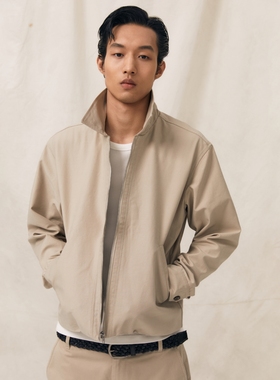PrettyRiver短款休闲拉链翻领夹克外套男士斜纹纯棉浅卡其色上衣