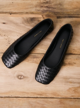 PrettyRiver手工编织牛皮平底鞋单鞋女芭蕾舞鞋黑色软底通勤单鞋