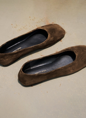 PrettyRiver反绒面玛丽珍芭蕾时尚单鞋女复古麂皮绿棕色平底鞋女