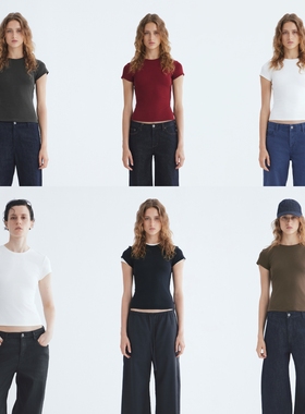 PrettyRiver夏季纯色百搭罗纹圆领正肩短袖T恤女白色显瘦休闲上衣