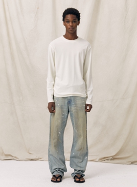 PrettyRiver直筒泼漆洗水牛仔裤男士宽松柔软长裤美式复古做旧