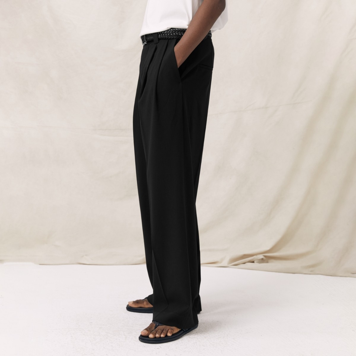 PrettyRiver双褶宽松西裤男羊毛混纺垂感廓形长裤黑色直筒休闲裤