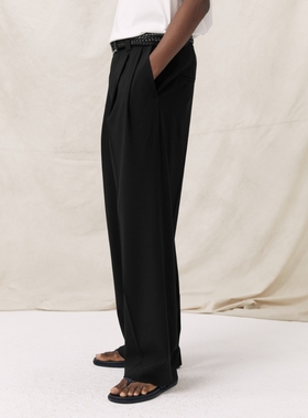 PrettyRiver双褶宽松西裤男羊毛混纺垂感廓形长裤黑色直筒休闲裤