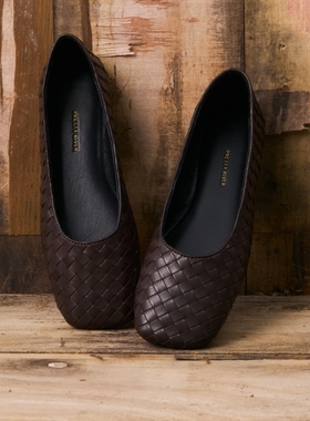 PrettyRiver复古棕色手工编织牛皮平底鞋单鞋女玛丽珍鞋芭蕾舞鞋