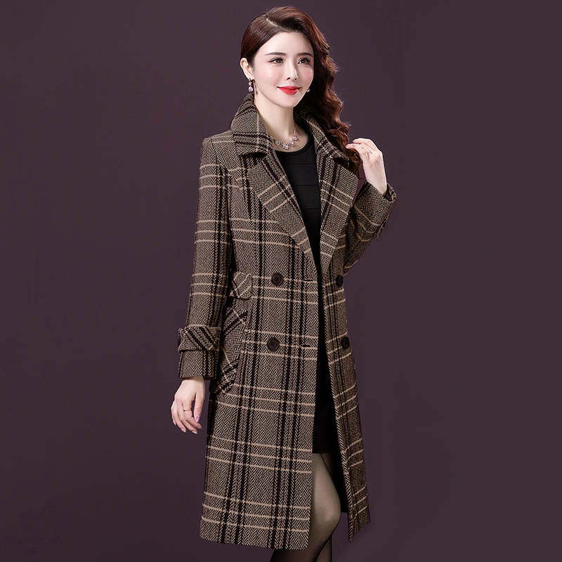 中老年女2021秋冬新款韩版毛呢外套女中长款格子过膝羊毛呢子大衣