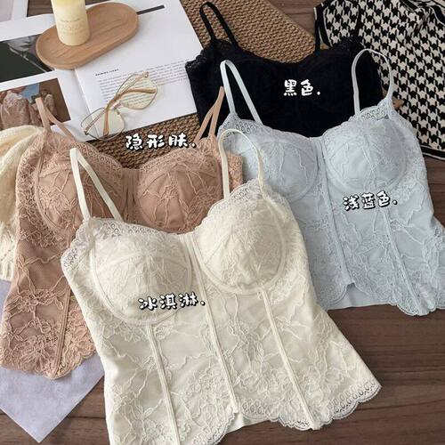 7001性感纯欲风法式鱼骨蕾丝吊带背心女带胸垫显瘦打底上衣早秋薄