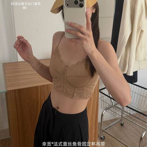 法式蕾丝鱼骨聚拢带胸垫文胸