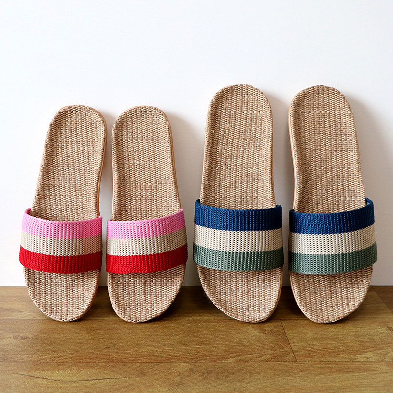 新款三道杠亚麻拖鞋夏轻便防滑情侣居家室内木地板静音美容院专用