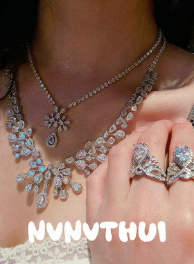 奢华满镶水滴皇冠锆石18K金晚宴项链 气质名媛年会泪滴耳环戒指女