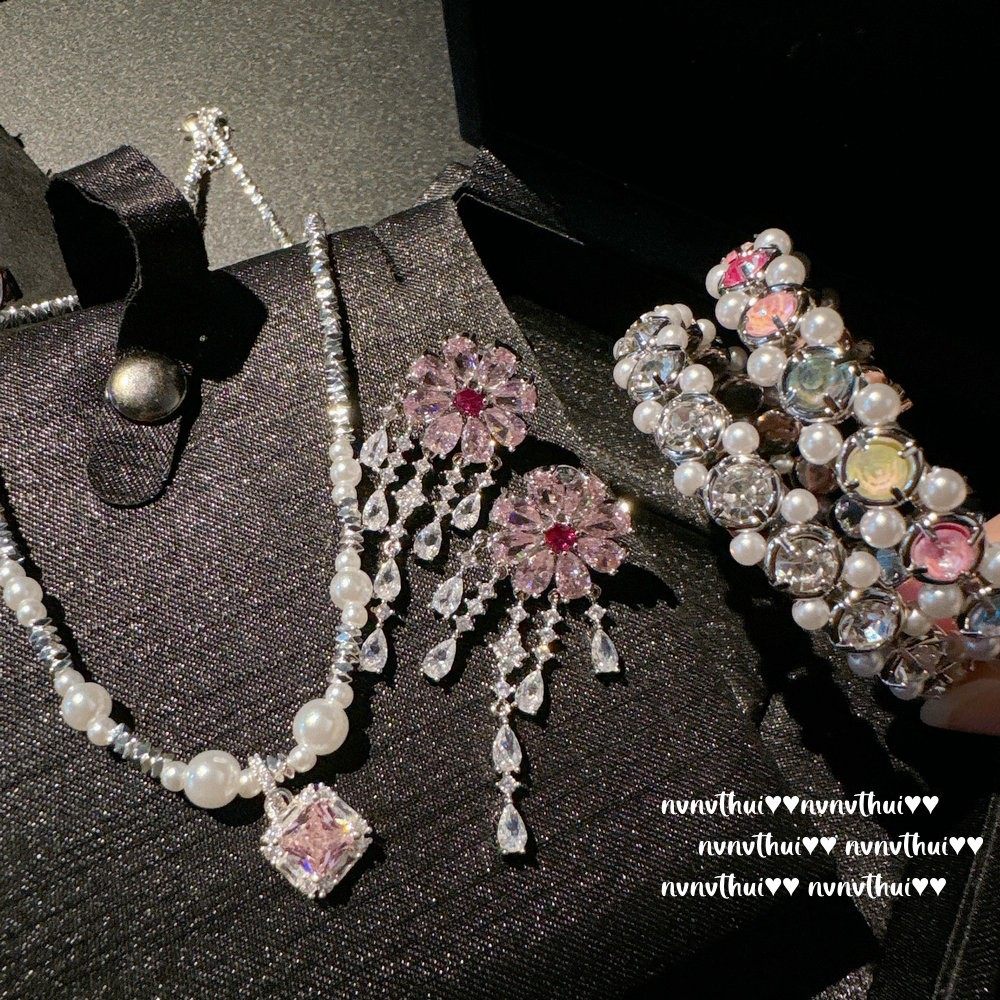 繁花仙女方糖气质珍珠碎碎银项链 阿盖尔粉名媛宴会花朵锆石耳环