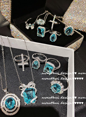 璀璨海蓝宝石微镶蝴蝶结闪钻戒指