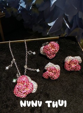 轻奢气质甜美公主红玫瑰项链 胭脂红玫瑰花双色锆石耳环 开口戒指