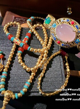 新中式民族气质人工粉玉髓蛋形手镯 镀18K金玛瑙蓝松石金坨坨项链