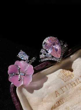 镀18K金粉水滴镶嵌皇冠锆石指环 气质时尚百搭人工玉髓桃花戒指