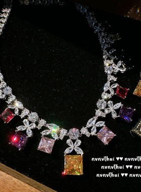 复古奢华彩虹露珠蝴蝶宝石项链气质宴会金丝雀碧玺色锆石镀金耳环