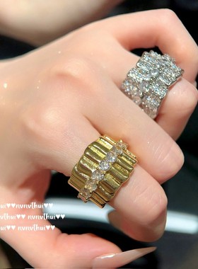 欧美时尚百褶个性气质闪钻bling戒指镀18K金复古百搭夜店锆石指环
