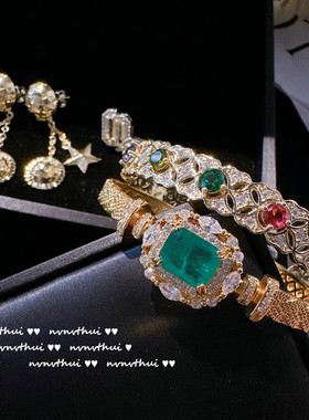 复古轻奢中古雕金高级感宫廷风镯子 镀18k金孔雀绿锆石编织手镯女