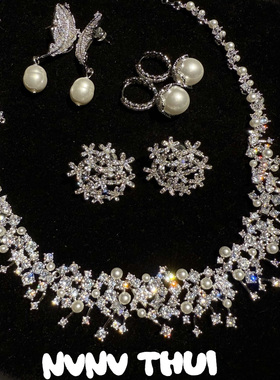 缱绻繁花气质简约满天星珍珠宝石项链高级感梭编锆石花朵宴会耳环