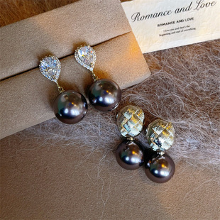 高级感时尚晚宴水滴锆石巧克力珍珠吊坠耳钉新款编织丝线藤蔓耳环