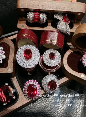 璀璨鸽血红气质矢车菊宝石戒指 卢比莱镀金石榴红锆石蝴蝶结指环